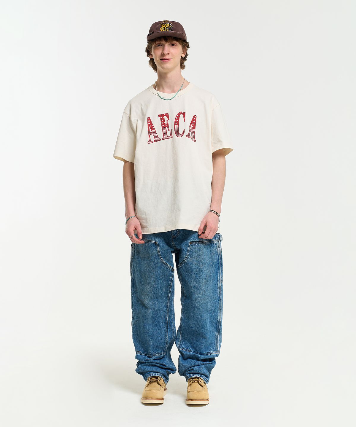 에이카화이트(AECA) AECA CLASSIC LOGO DISTRESSED HALF SLEEVE TEE-ECRU