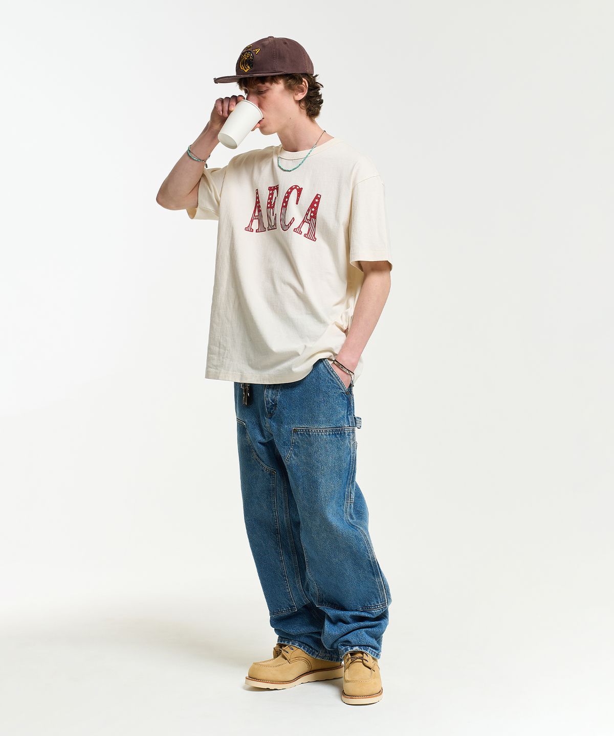 에이카화이트(AECA) AECA CLASSIC LOGO DISTRESSED HALF SLEEVE TEE-ECRU