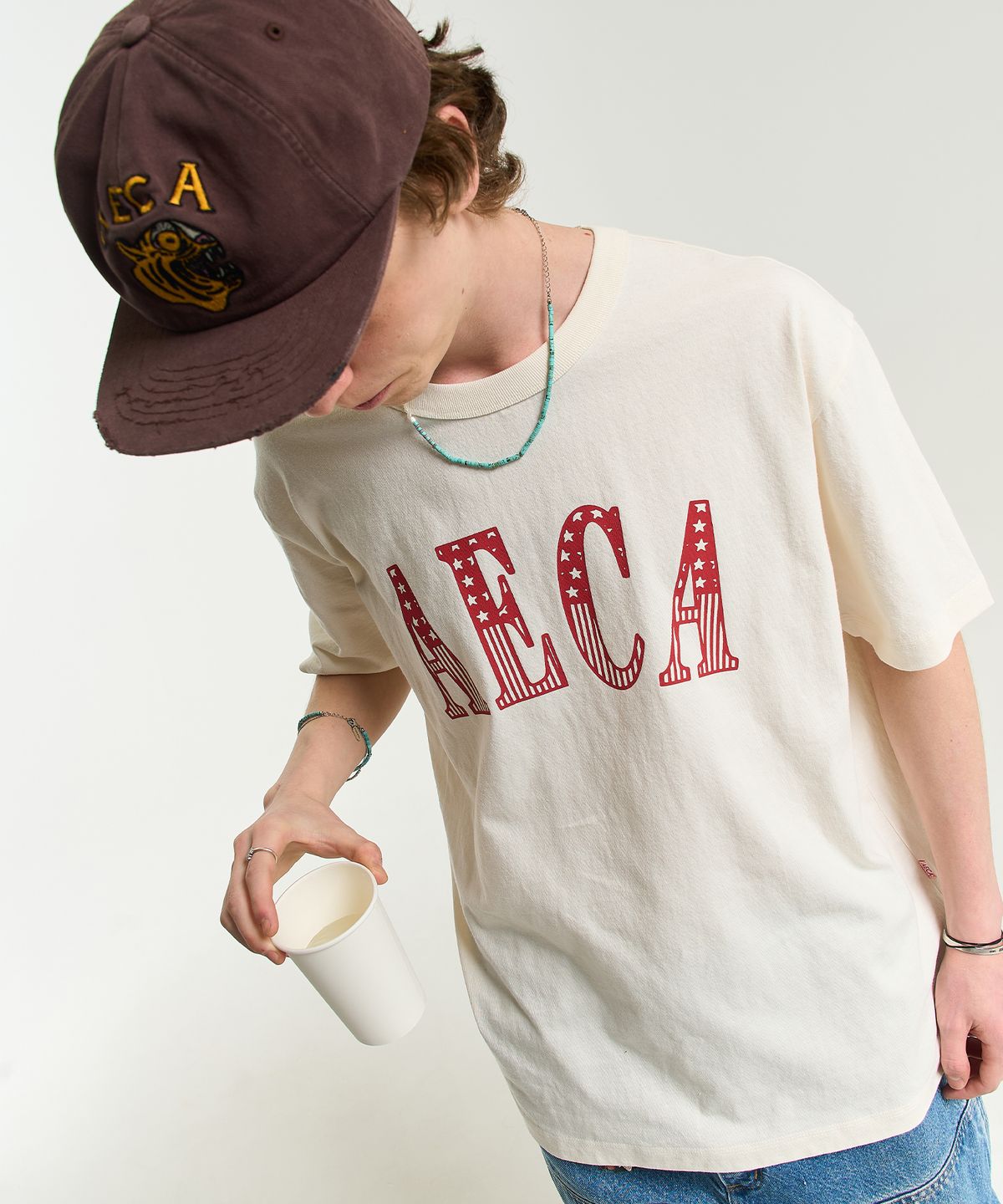 에이카화이트(AECA) AECA CLASSIC LOGO DISTRESSED HALF SLEEVE TEE-ECRU