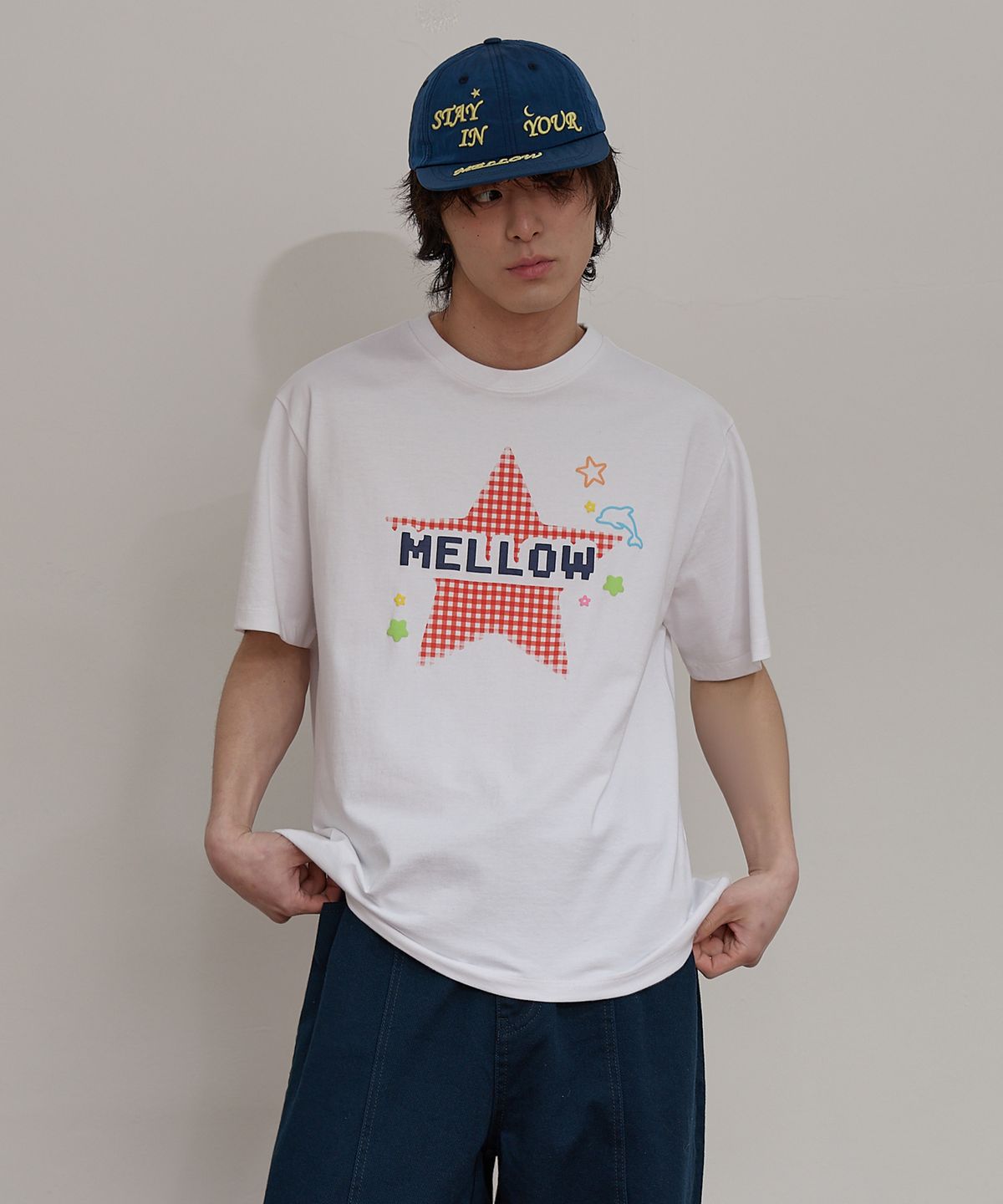 와이케이(WAIKEI) MELLOW 스타 체크 반팔티셔츠 아이보리
