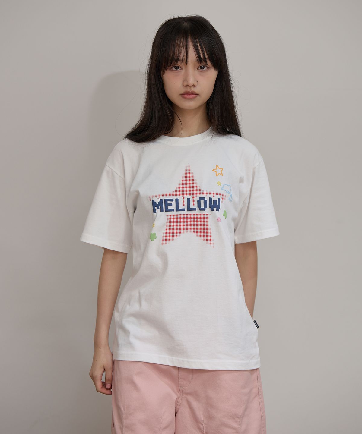 와이케이(WAIKEI) MELLOW 스타 체크 반팔티셔츠 아이보리