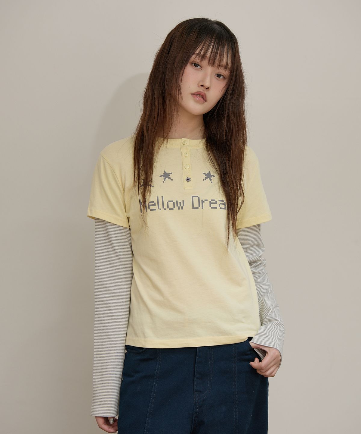 와이케이(WAIKEI) MELLOW DREAM 스트라이프 레이어드 티셔츠 옐로우