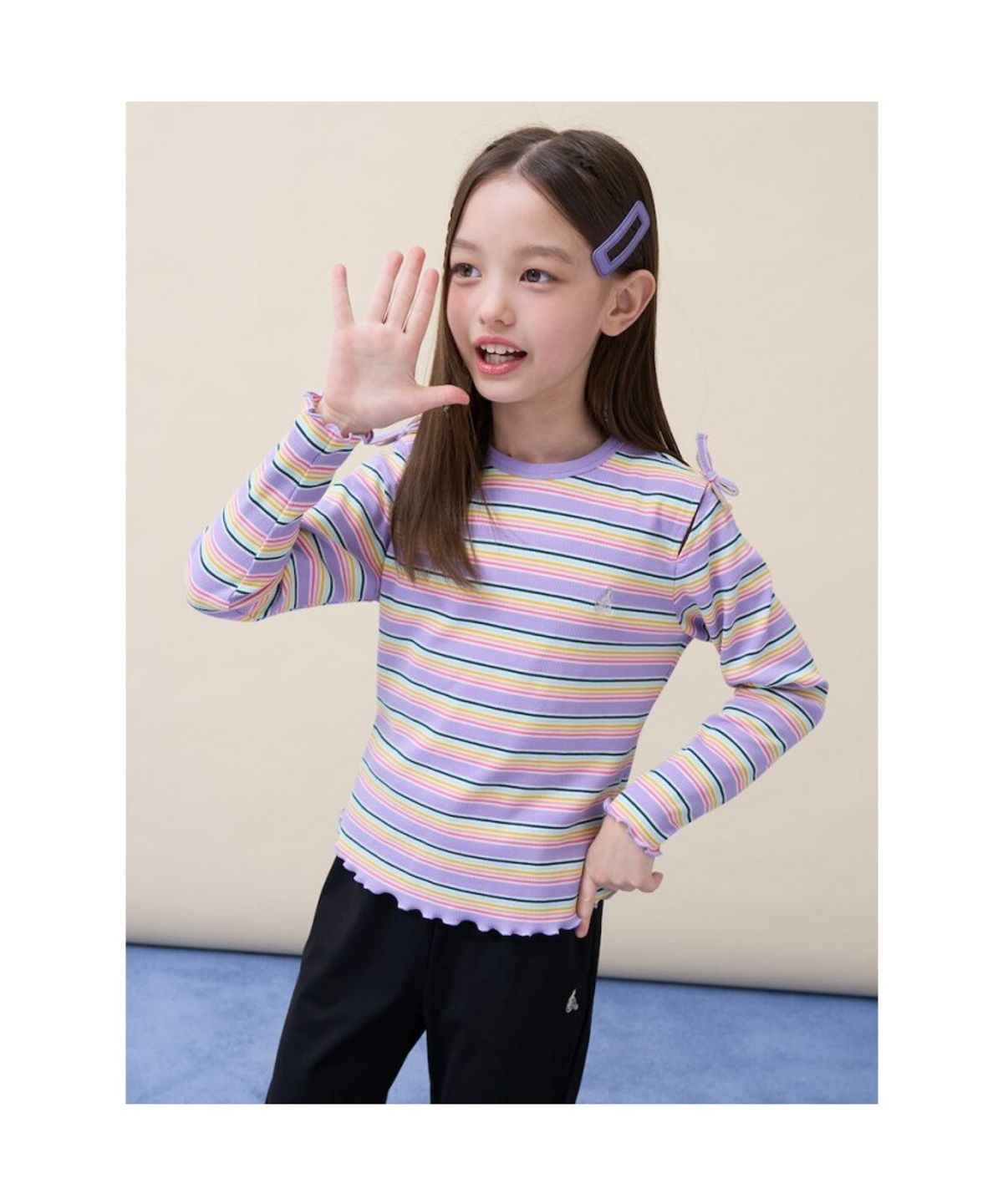 빈폴 키즈(BEANPOLE KIDS) 여아 스트라이프 골지 컷아웃 티셔츠  라이트 퍼플 (BI6241G02V)