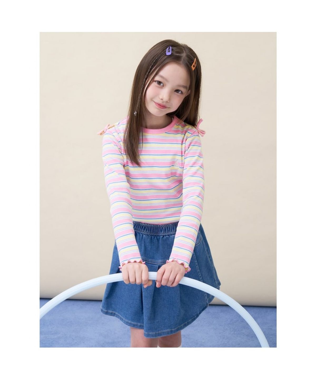 빈폴 키즈(BEANPOLE KIDS) 여아 스트라이프 골지 컷아웃 티셔츠  라이트 핑크 (BI6241G02Y)