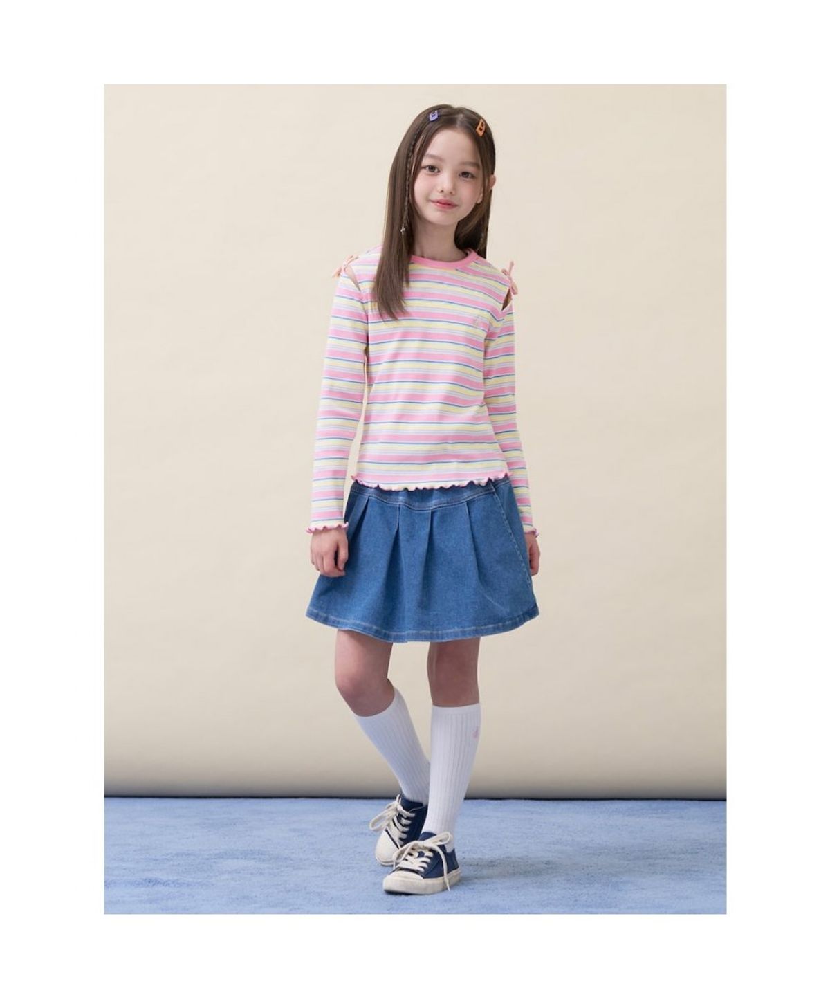 빈폴 키즈(BEANPOLE KIDS) 여아 스트라이프 골지 컷아웃 티셔츠  라이트 핑크 (BI6241G02Y)