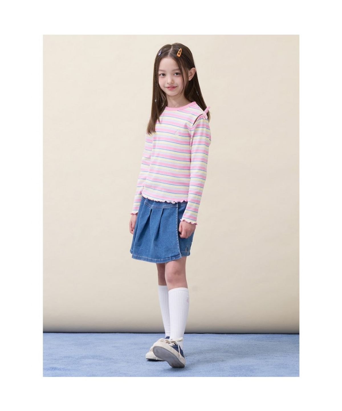 빈폴 키즈(BEANPOLE KIDS) 여아 스트라이프 골지 컷아웃 티셔츠  라이트 핑크 (BI6241G02Y)