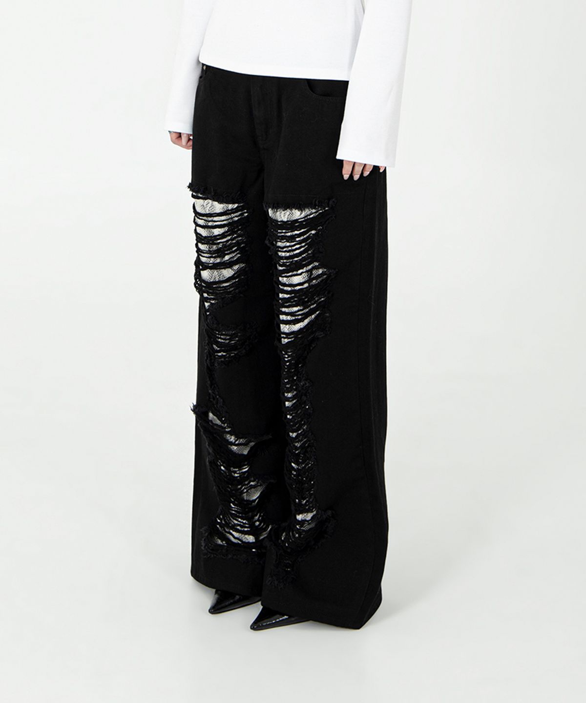 달링유어배드(DARLING, YOU'RE BAD) Damaged Python Wide Denim Pants #Silver
