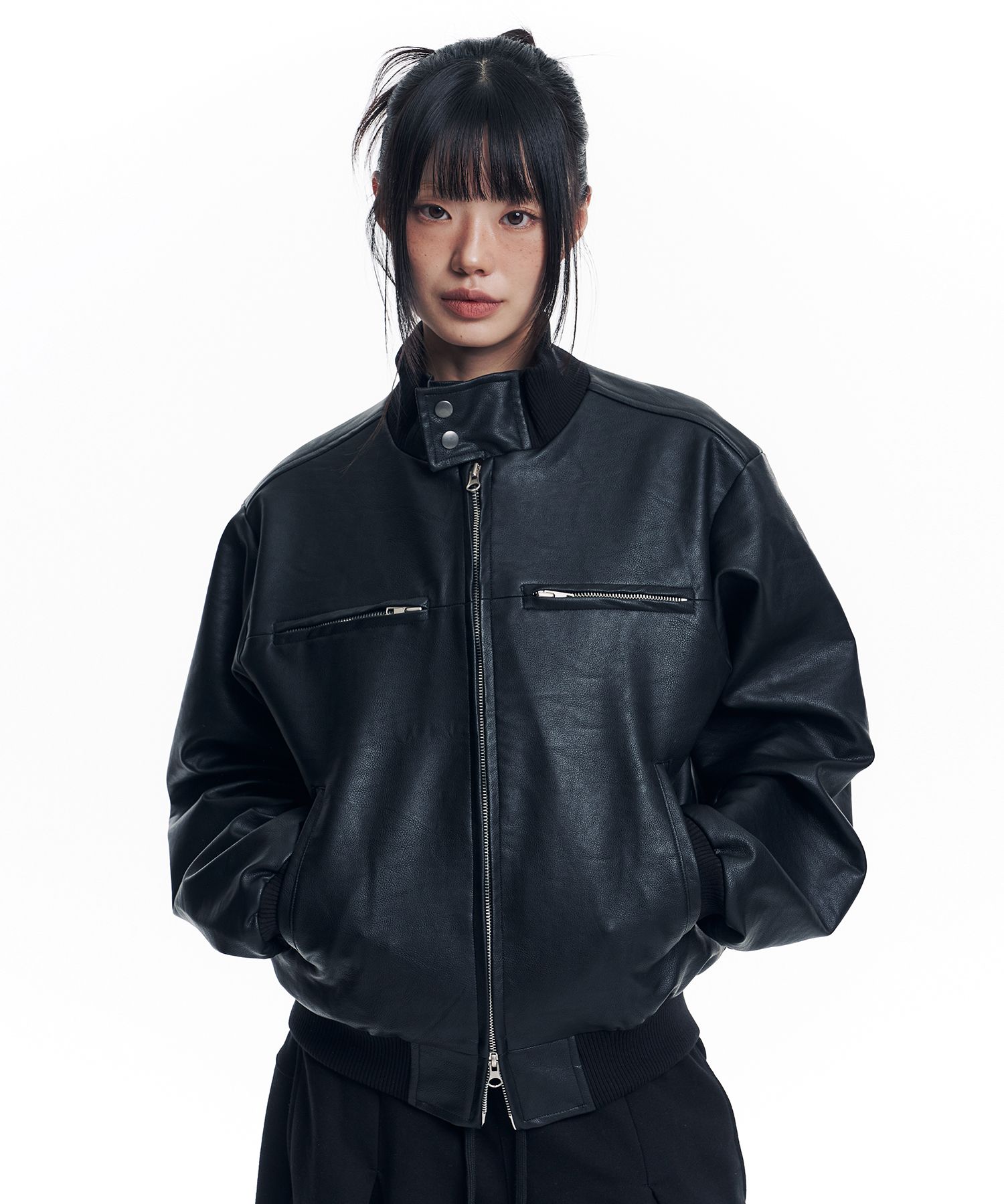 MUSINSA | EASY NO EASY High Neck Leather Crop Jacket - Black