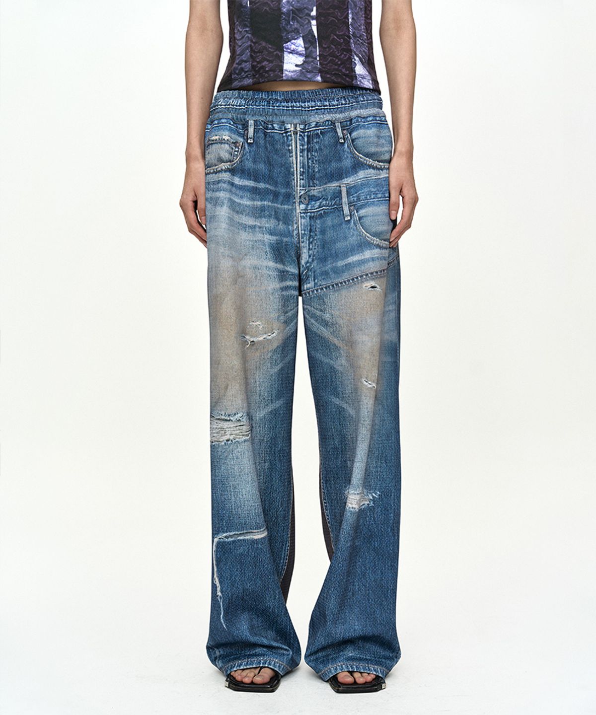 앤더슨벨(ADSB ANDERSSON BELL) DENIM & CARGO TROMPE LOEIL MESH PANTS apa922u(MID BLUE/KHAKI)