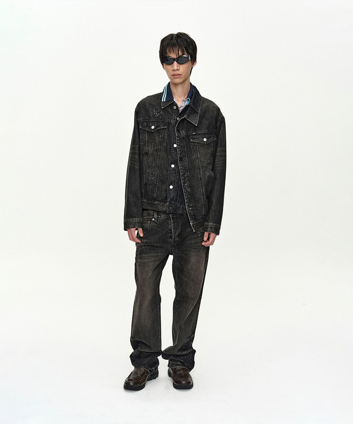 앤더슨벨(ADSB ANDERSSON BELL) UNISEX ASYMMETRIC LAYERED HOT-FIX WIDE-LEG JEANS apa912u(BLACK)