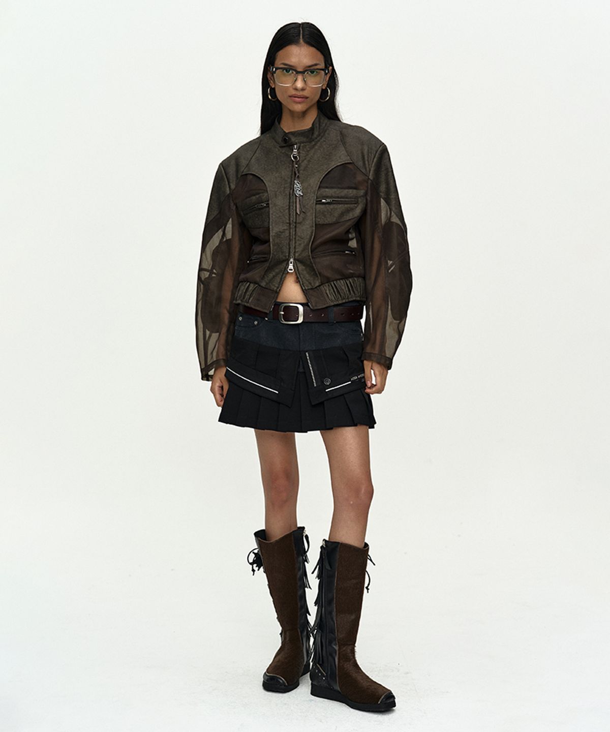 앤더슨벨(ADSB ANDERSSON BELL) KELLY FAUX-LEATHER & SHEER RIDER JACKET awa758w(KHAKI)