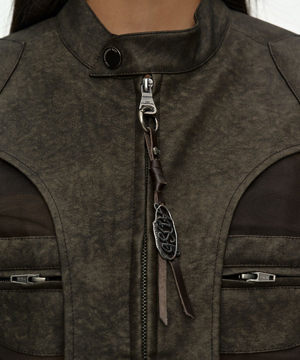 앤더슨벨(ADSB ANDERSSON BELL) KELLY FAUX-LEATHER & SHEER RIDER JACKET awa758w(KHAKI)
