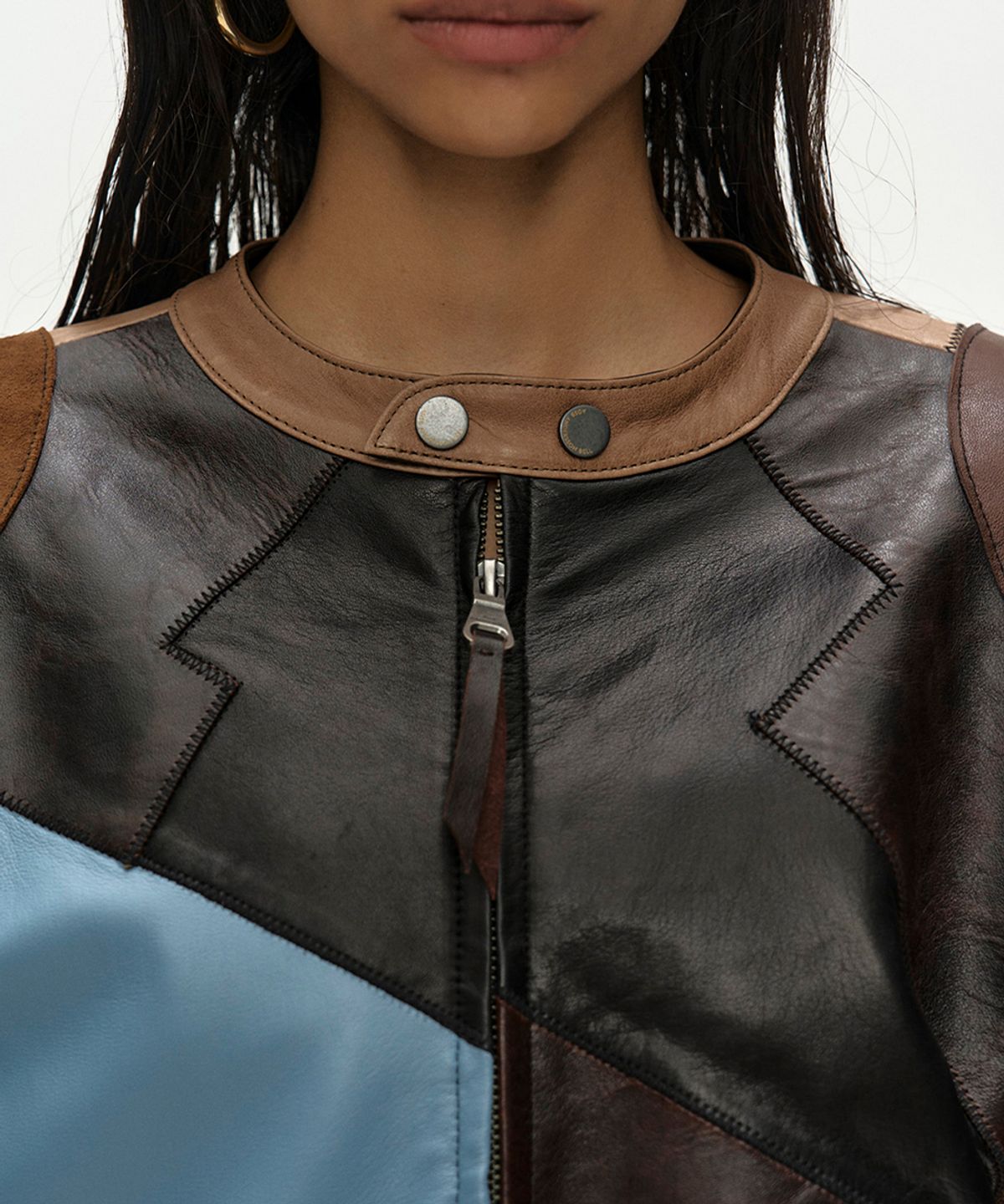 앤더슨벨(ADSB ANDERSSON BELL) LEATHER PATCHWORK BIKER JACKET awa757w(DARK BROWN)