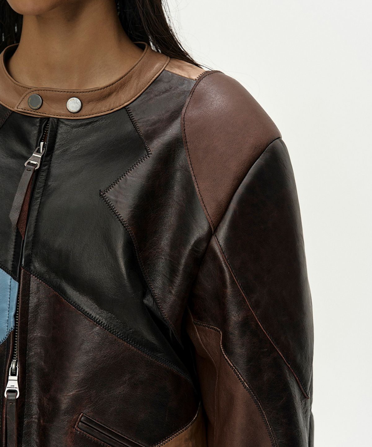 앤더슨벨(ADSB ANDERSSON BELL) LEATHER PATCHWORK BIKER JACKET awa757w(DARK BROWN)