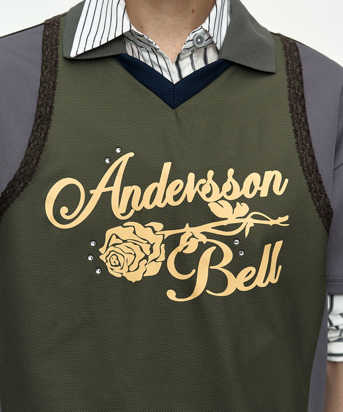 앤더슨벨(ADSB ANDERSSON BELL) LACE TRIMMED POLO JERSEY TOP atb1488w(GREY/KHAKI)