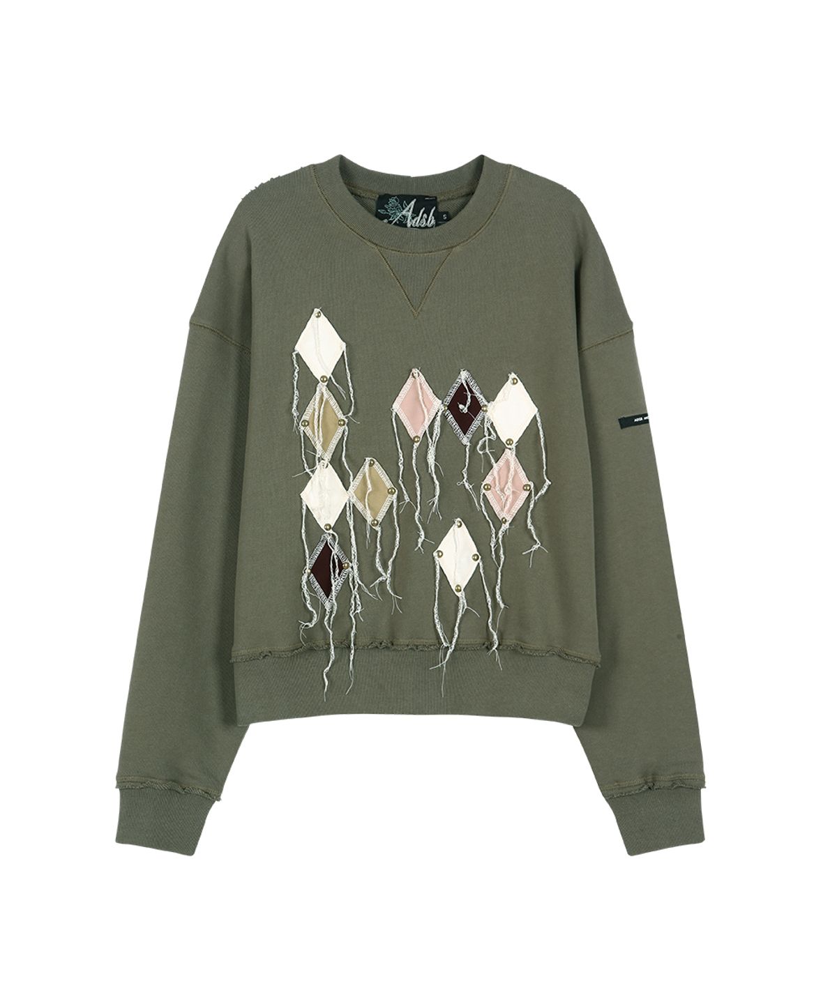 앤더슨벨(ADSB ANDERSSON BELL) (ESSENTIAL) STUDDED ARGYLE PATCHWORK SWEATSHIRT atb1479w(DUST OLIVE)