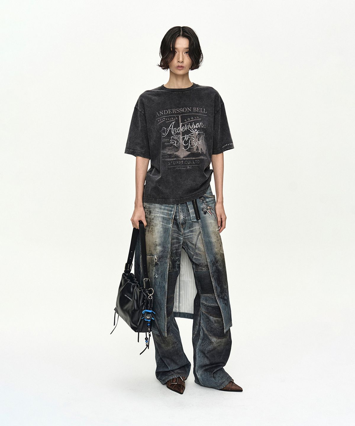 앤더슨벨(ADSB ANDERSSON BELL) DENIM TROMPE-LOEIL GRAPHIC WRAP SKIRT apa918w(MID BLUE)