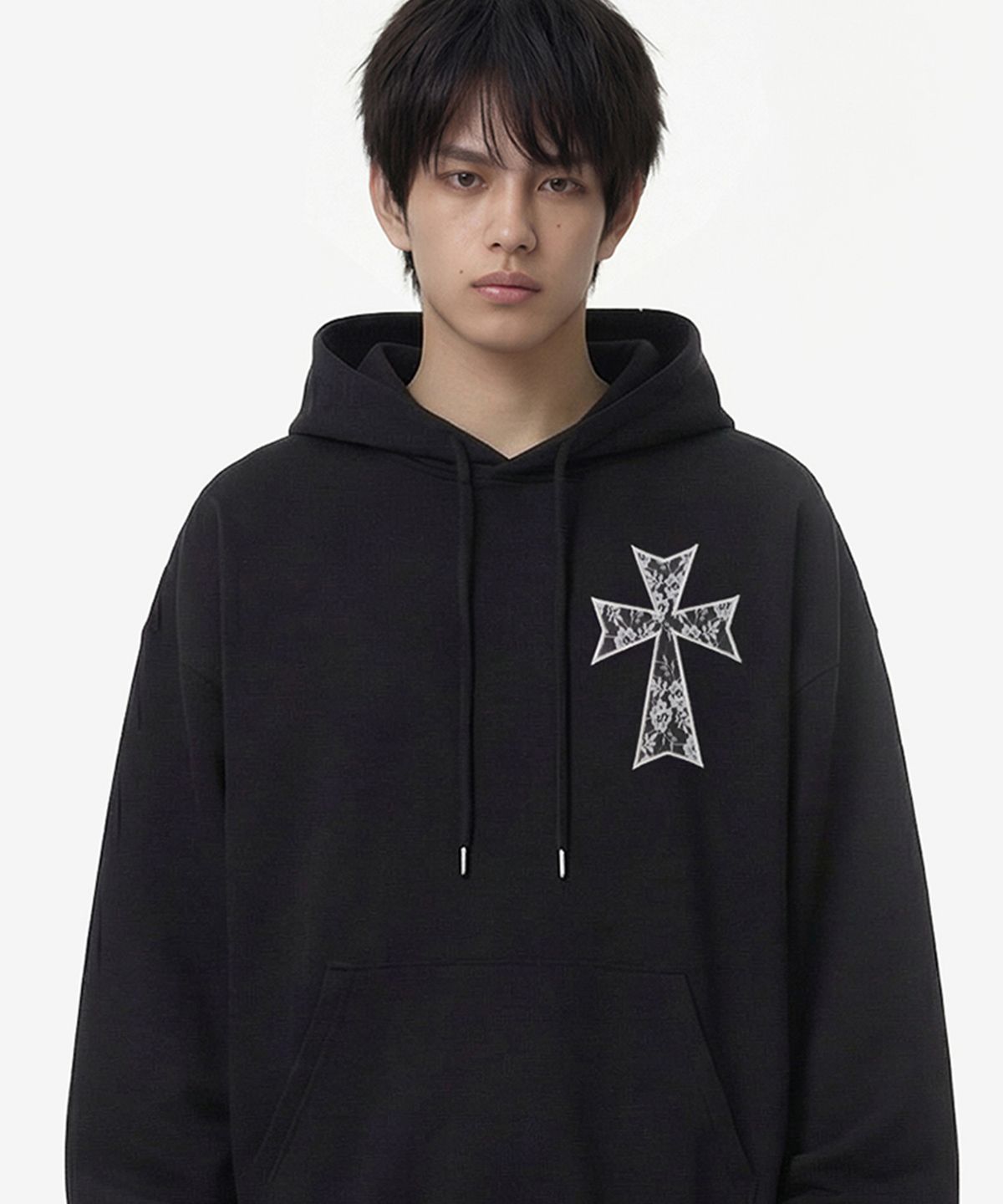그레이버(GRAVER) [UNISEX]DOT CROSS_LACE 후드티_BLACK