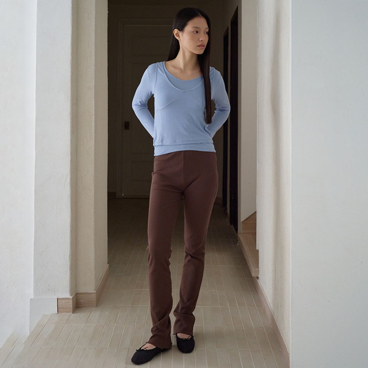 노우드(NOEUD) Rib Button Leggings Pants (Brown)