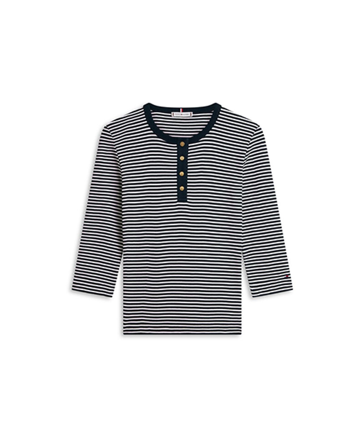 타미힐피거(TOMMY HILFIGER) 골드 버튼 립 헨리넥 티셔츠 (T22G1TTO053WT10BF)