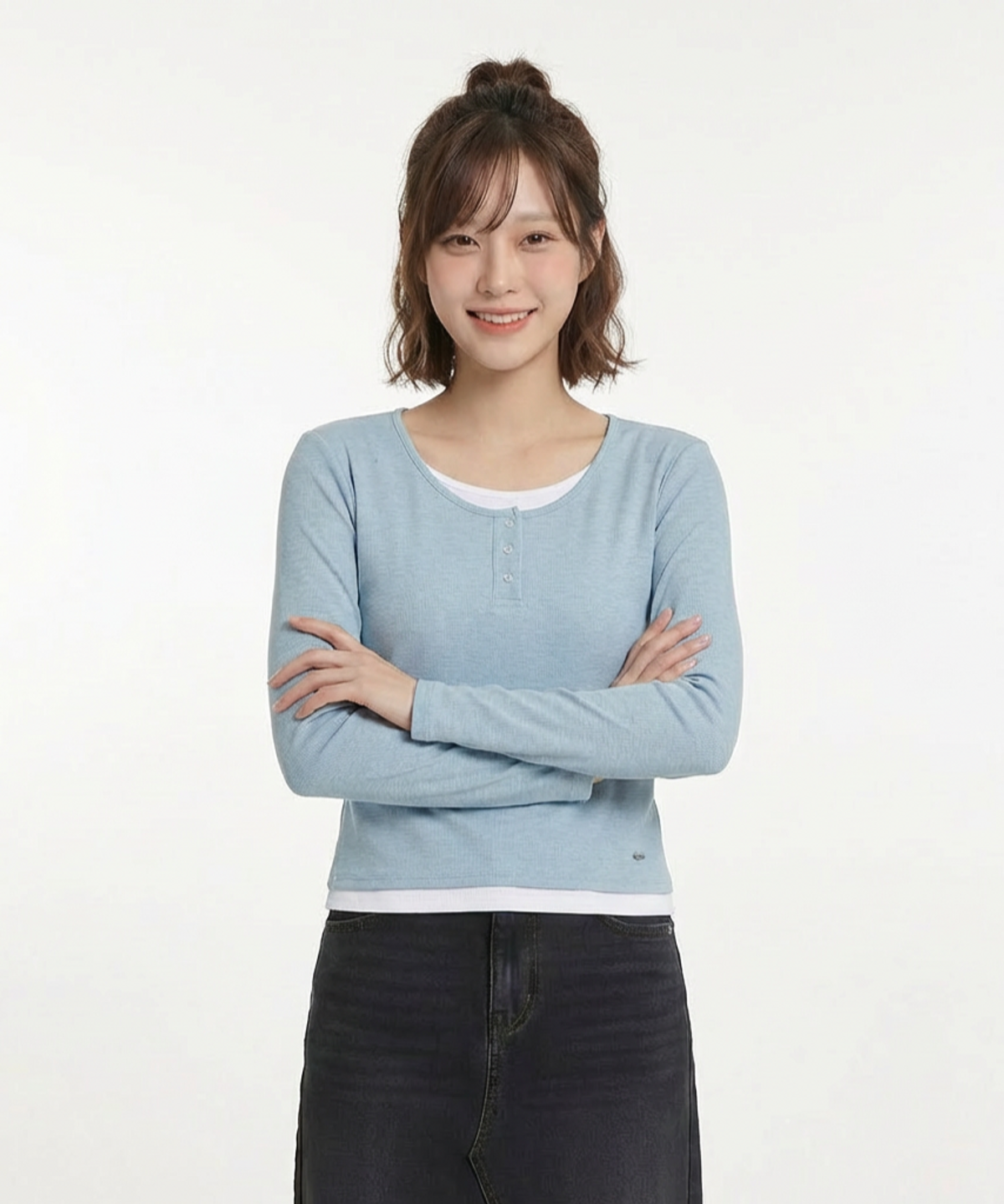 행텐(HANGTEN) 여성 웨일 슬림핏 헨리넥 레이어드 티셔츠_210(10570-131-402-45)