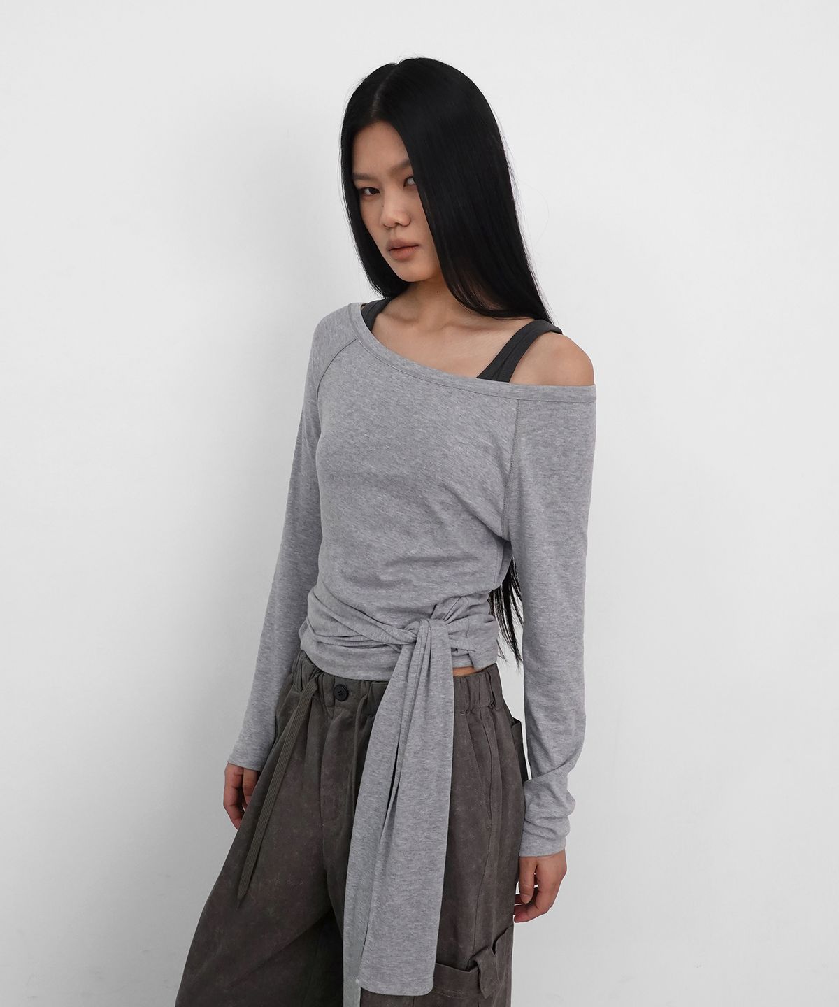 샌드릭(SANDRIC) Strap Off Shoulder T_Melange Grey
