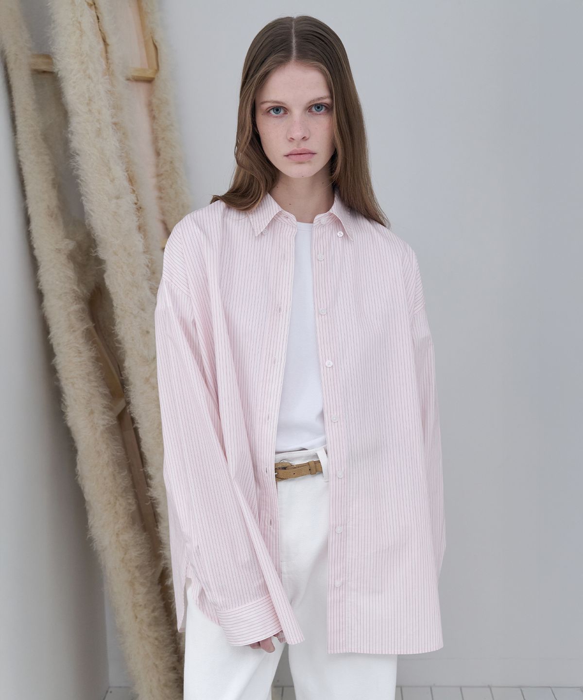 르바(LEVAR) Relaxed Stripe Over-Shirt - Pink Stripe
