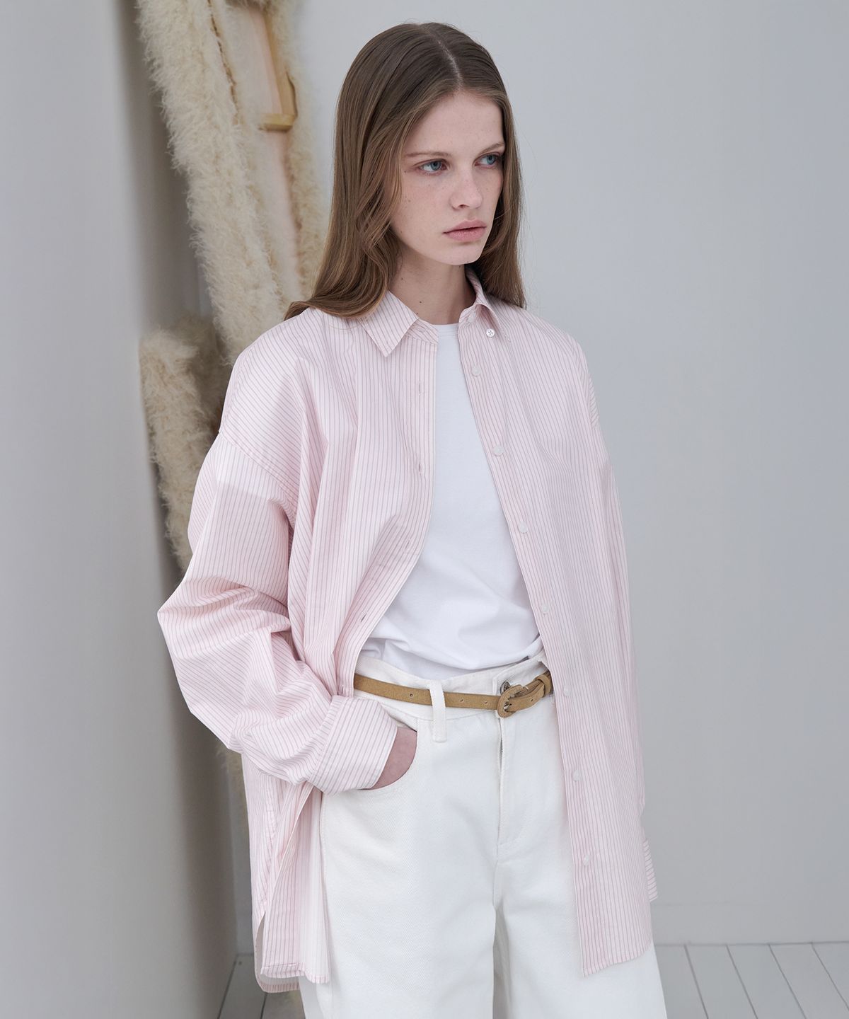 르바(LEVAR) Relaxed Stripe Over-Shirt - Pink Stripe