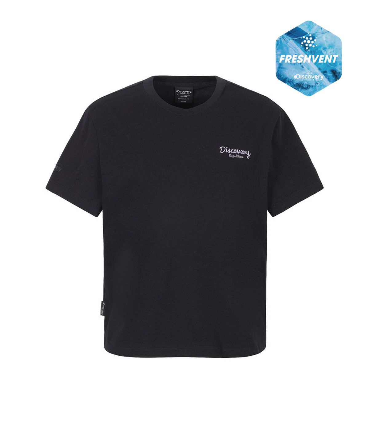 디스커버리 익스페디션(DISCOVERY EXPEDITION) 여성 프레시벤트 자수로고 세미크롭 반팔티셔츠 (BLACK)