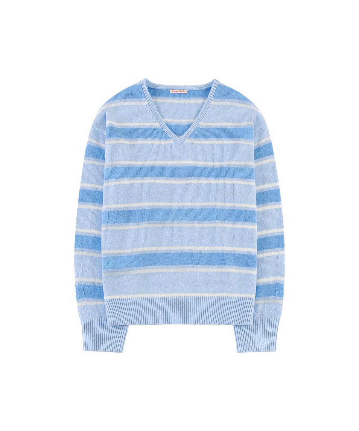 반원 아틀리에(VANONE ATELIER) KN4280 스트라이프 브이넥 니트_Powder blue