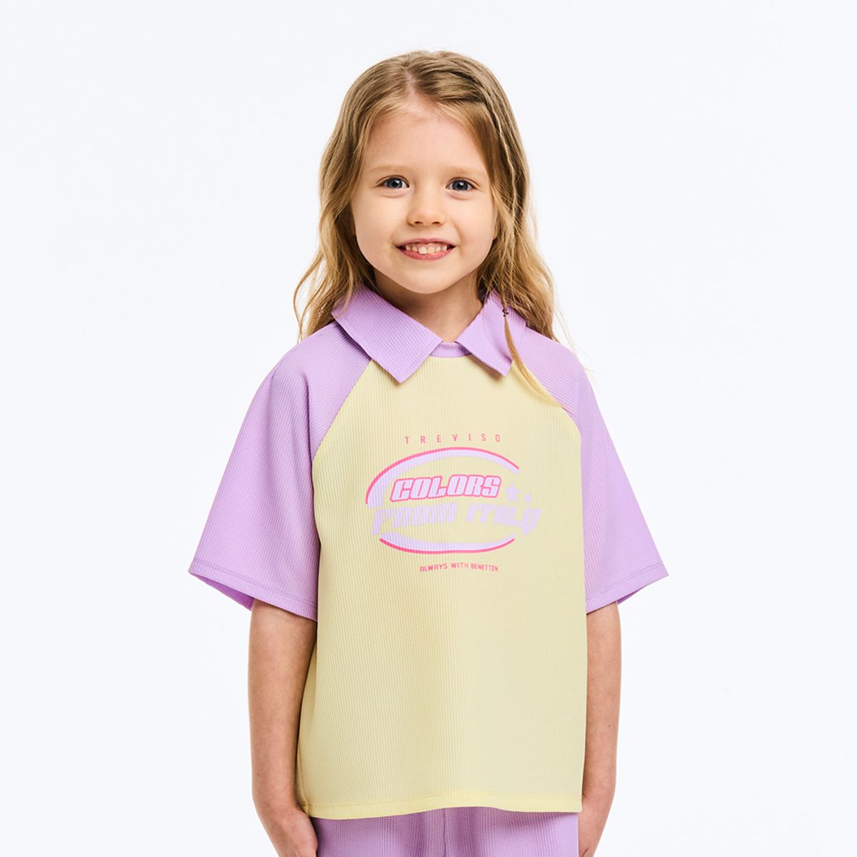 베네통키즈(BENETTONKIDS) 래글런 와플 카라 티셔츠_QATS25631LV