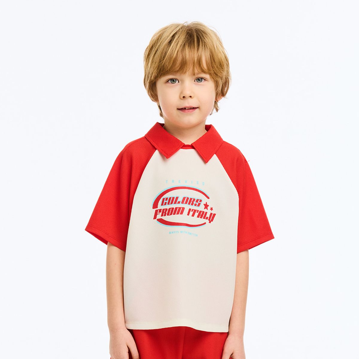 베네통키즈(BENETTONKIDS) 래글런 와플 카라 티셔츠_QATS25631RD