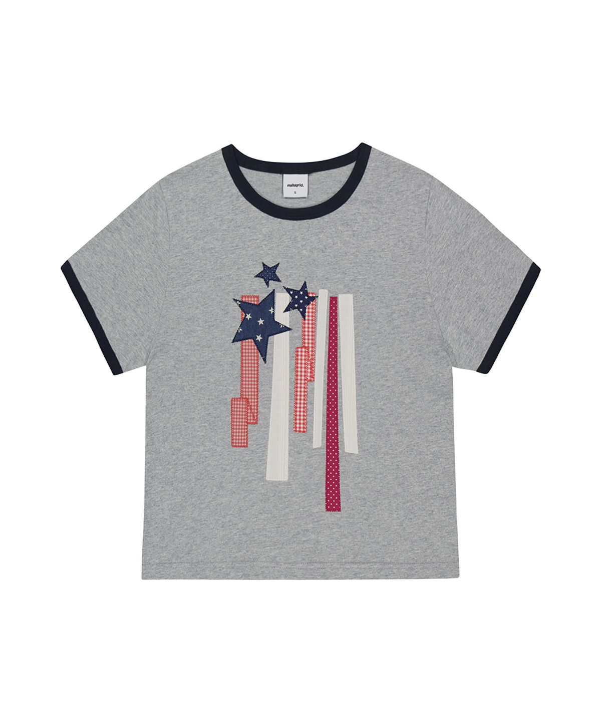 마하그리드(MAHAGRID) FLAG APPLIQUE RINGER CROP TEE GREY(MG2GMFT513A)