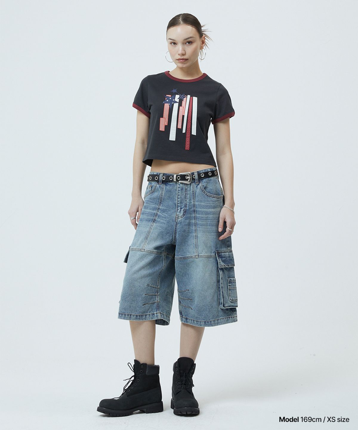 마하그리드(MAHAGRID) FLAG APPLIQUE RINGER CROP TEE CHARCOAL(MG2GMFT513A)