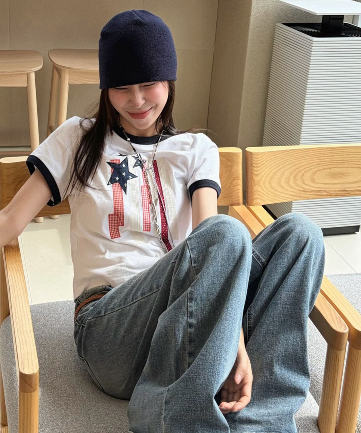 마하그리드(MAHAGRID) FLAG APPLIQUE RINGER CROP TEE CHARCOAL(MG2GMFT513A)