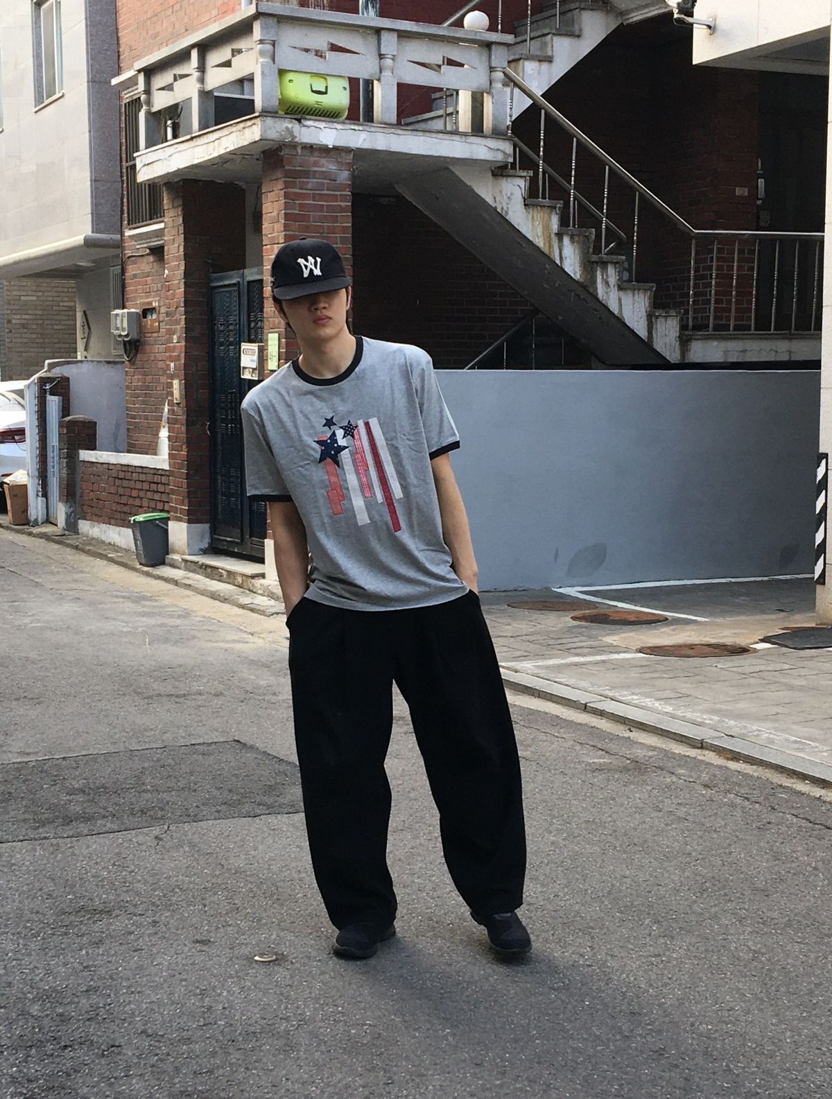 마하그리드(MAHAGRID) FLAG APPLIQUE RINGER TEE GREY(MG2GMMT514A)