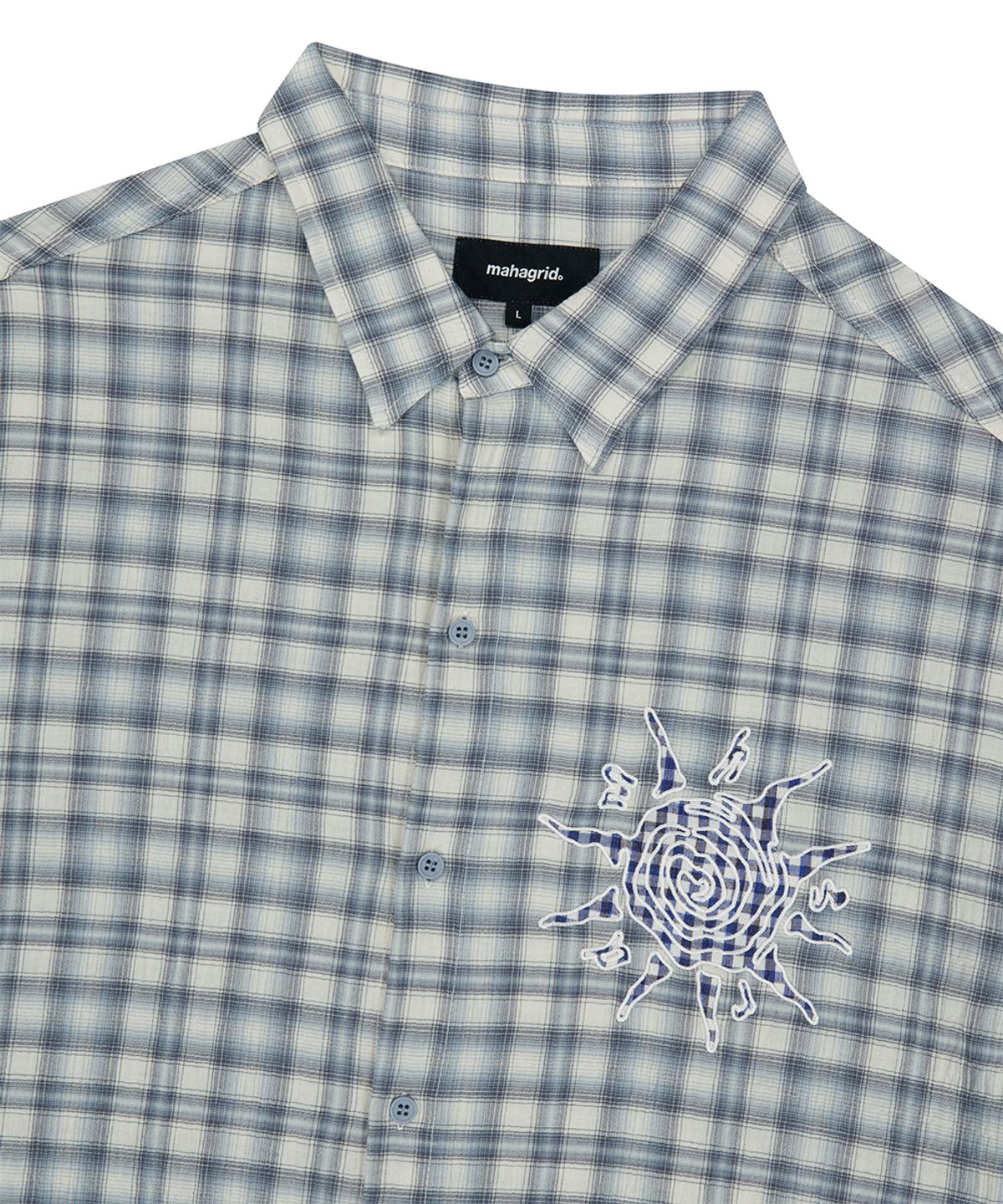마하그리드(MAHAGRID) CHECK APPLIQUE HALF SHIRT BLUE(MG2GMMW361A)