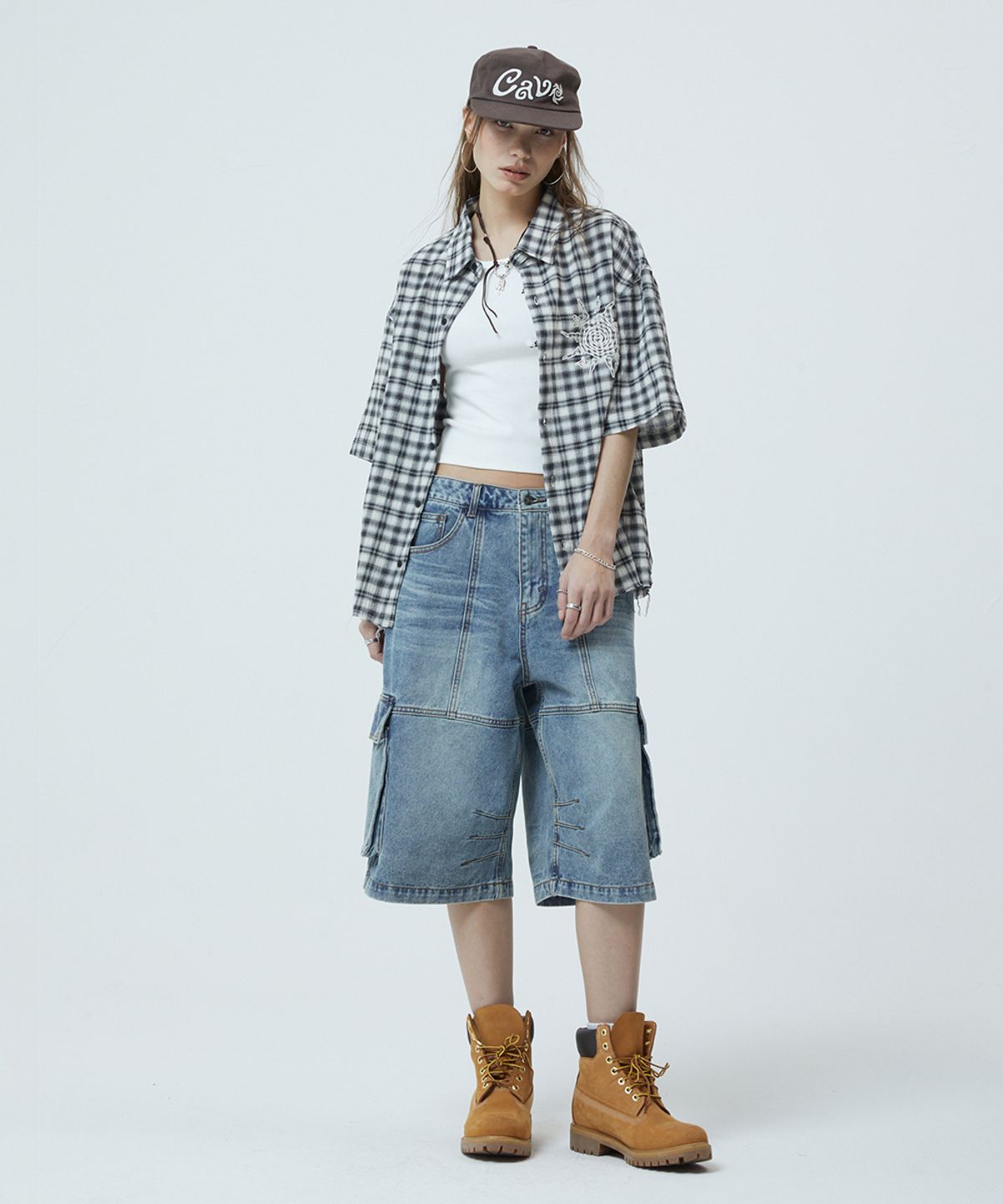 마하그리드(MAHAGRID) CHECK APPLIQUE HALF SHIRT BLACK(MG2GMMW361A)