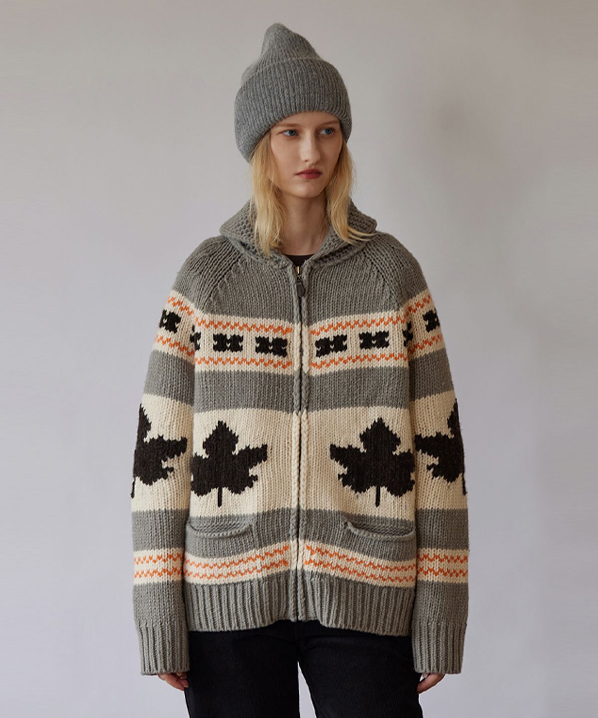 퀸스래빗(Q'SRB) Shawl Collar Cowichan Zip Up Knit