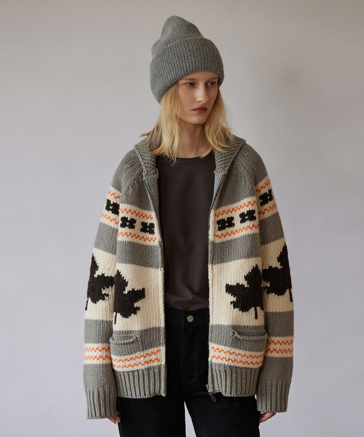 퀸스래빗(Q'SRB) Shawl Collar Cowichan Zip Up Knit