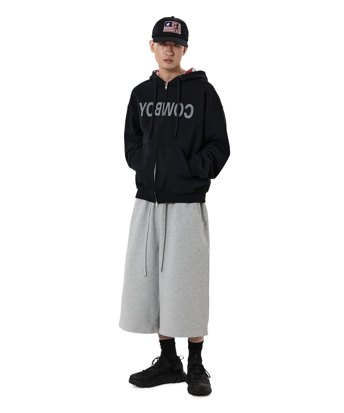 오픈야드(오와이)(OPENYARD(OY)) REVERSE COWBOY HOODIE ZIP UP - BLACK