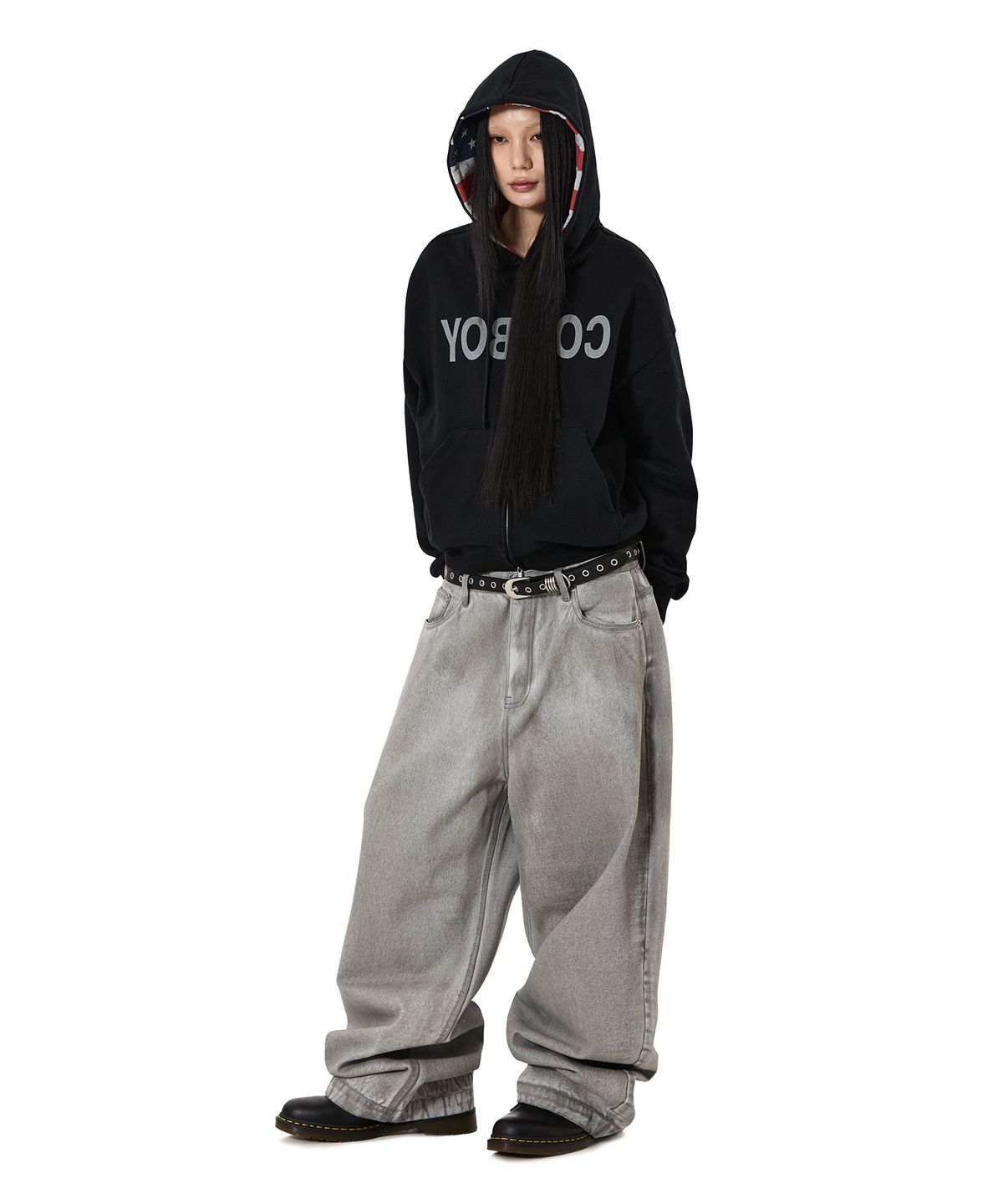 오픈야드(오와이)(OPENYARD(OY)) REVERSE COWBOY HOODIE ZIP UP - BLACK