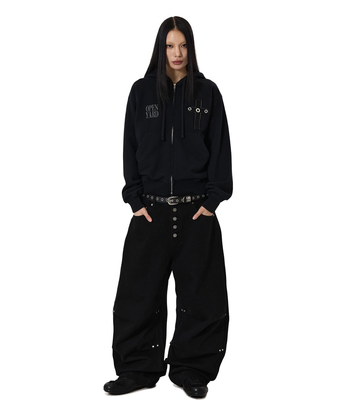 오픈야드(오와이)(OPENYARD(OY)) DIVINE STUDDED HOODIE ZIP UP - BLACK