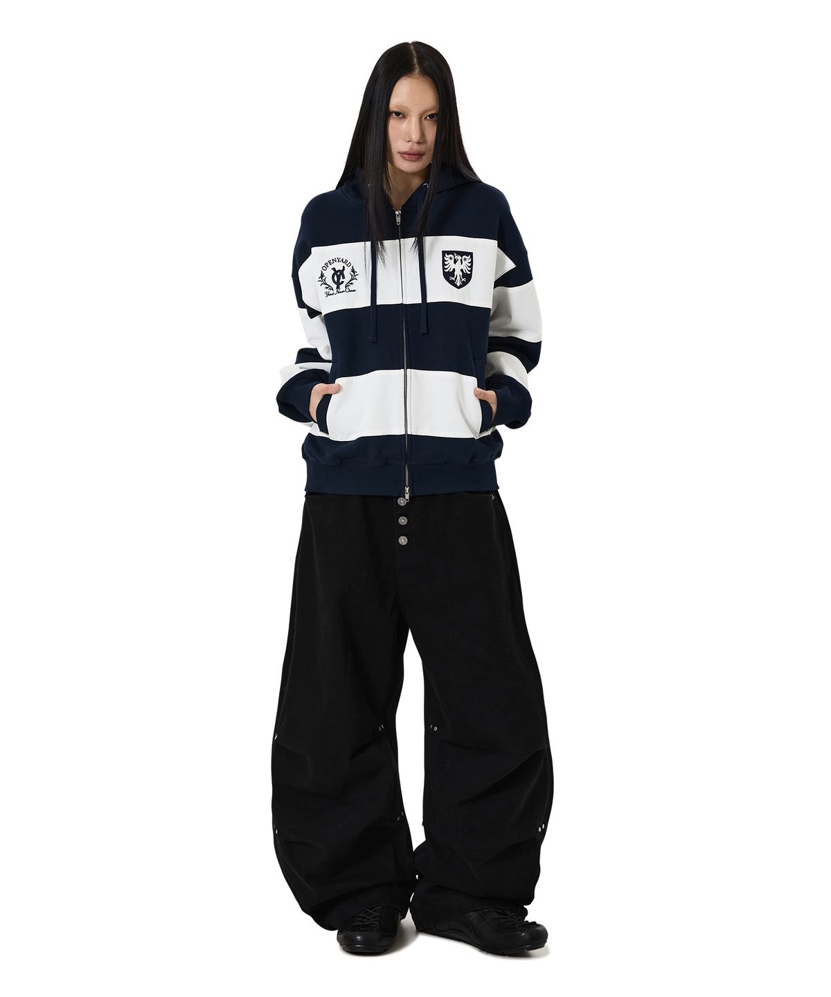 오픈야드(오와이)(OPENYARD(OY)) STRIPE EMBLEM HOODIE ZIP UP - NAVY