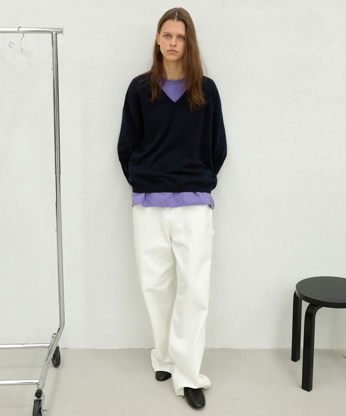 르바(LEVAR) All-day Cotton V-neck Knit - Darknight Navy