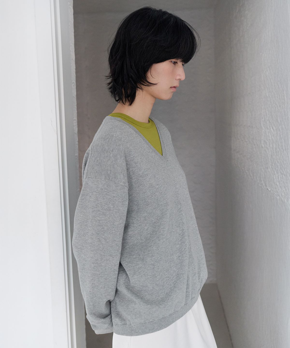 르바(LEVAR) All-day Cotton V-neck Knit - Melange Grey