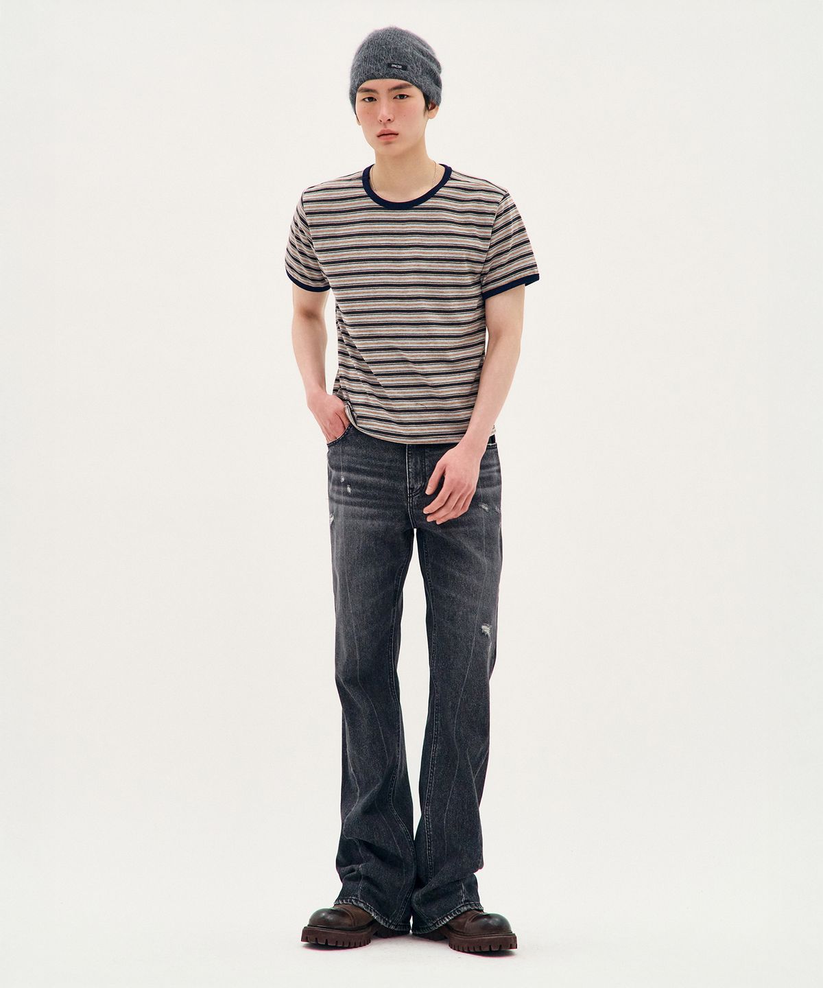피알씨에스에스(PRCSS) Stripe Short-Sleeve Ringer Tee - Brown
