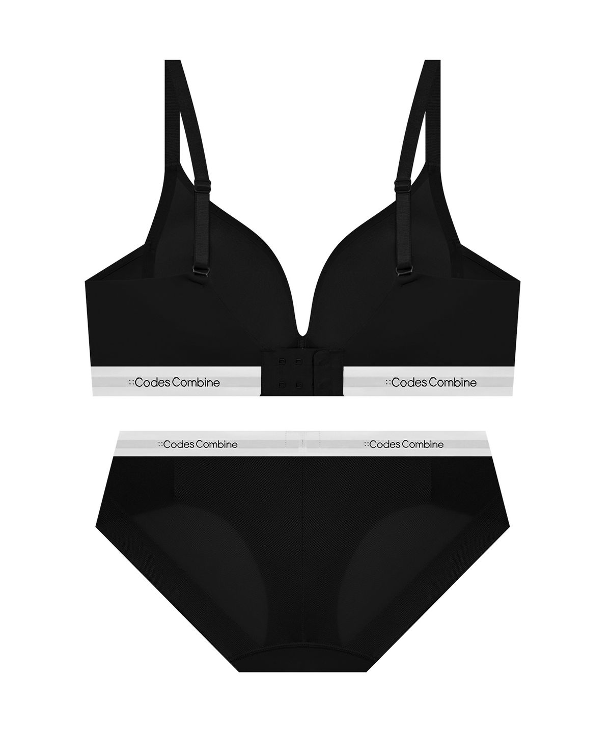 코데즈컴바인 이너웨어(CODES COMBINE INNERWEAR) 쉘론 트라이앵글 퓨징 노와이어 브라 햄팬티 세트_블랙