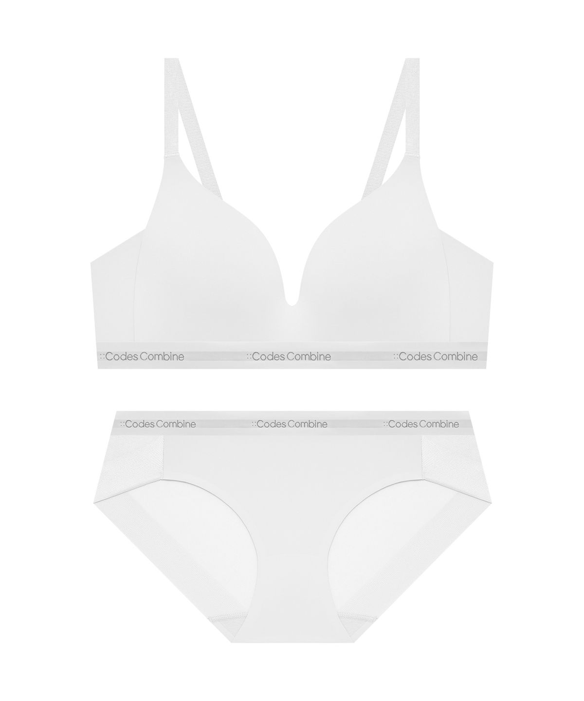 코데즈컴바인 이너웨어(CODES COMBINE INNERWEAR) 쉘론 트라이앵글 퓨징 노와이어 브라 햄팬티 세트_화이트