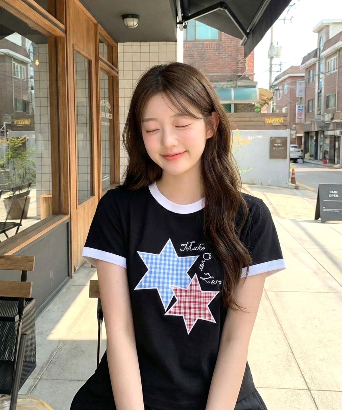 모즈모즈(MOZMOZ) 스타패치 2type 링거 반팔 티셔츠 2color